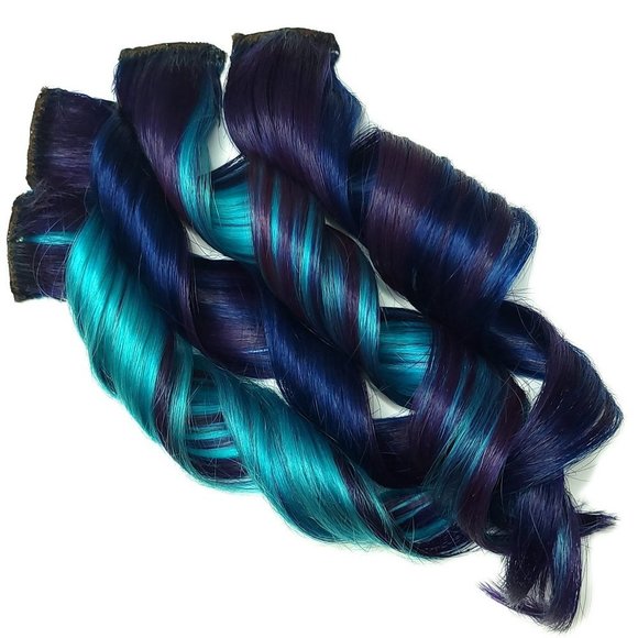Blue Puple Jade Real Remy Human Hair Extensions Clip in Galaxy Hairstyles - Picture 2 of 3